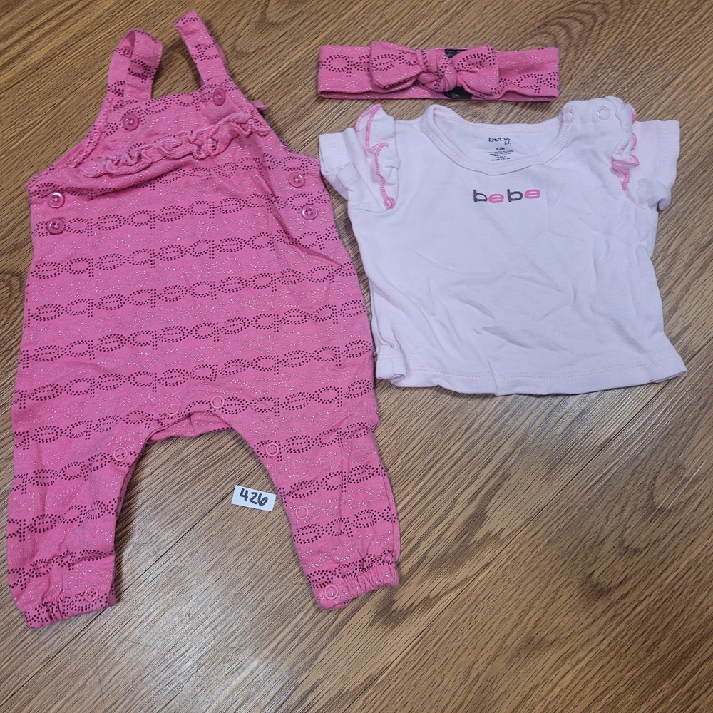 Bebe Baby 3 Piece Outfit Pink Overalls Bow 0-3 Months